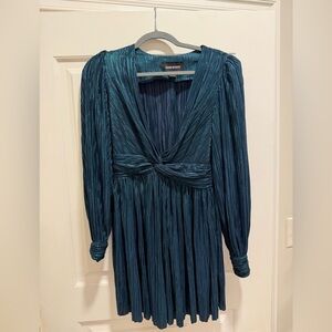 Sabina Musayev Shimmery Teal Pleated Long-Sleeve Twist-Front Dress